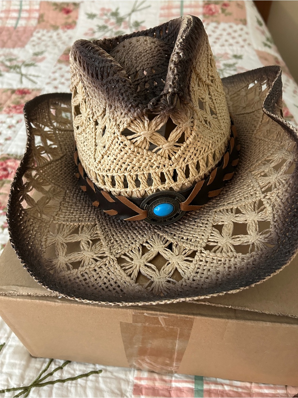 Simplicity Woven Straw Cowboy Hat with Turquoise Accent - Natural/Brown/Blue